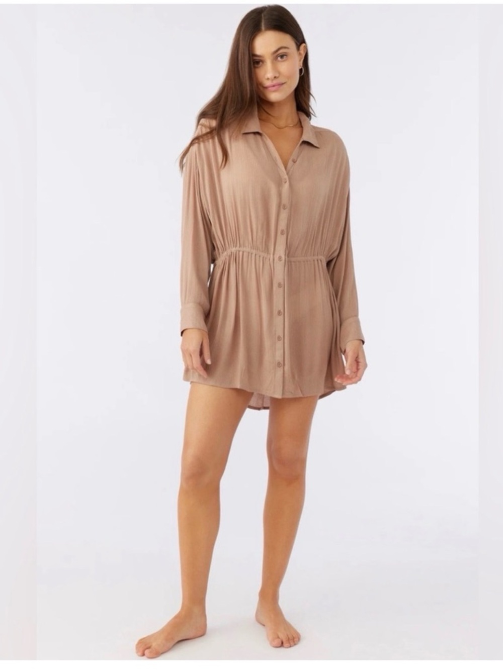O'Neill Taupe Button-Front Smocked Waist Dress